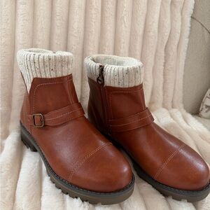 Brown Ankle Boots JSport Women’s Size 7 Knit Cuff Side Zipper